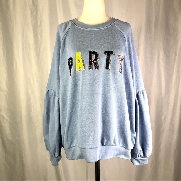 Aerie crewneck sweatshirt flounce gathered sleeves sequin PARTY sky blue XL - Picture 1 of 8
